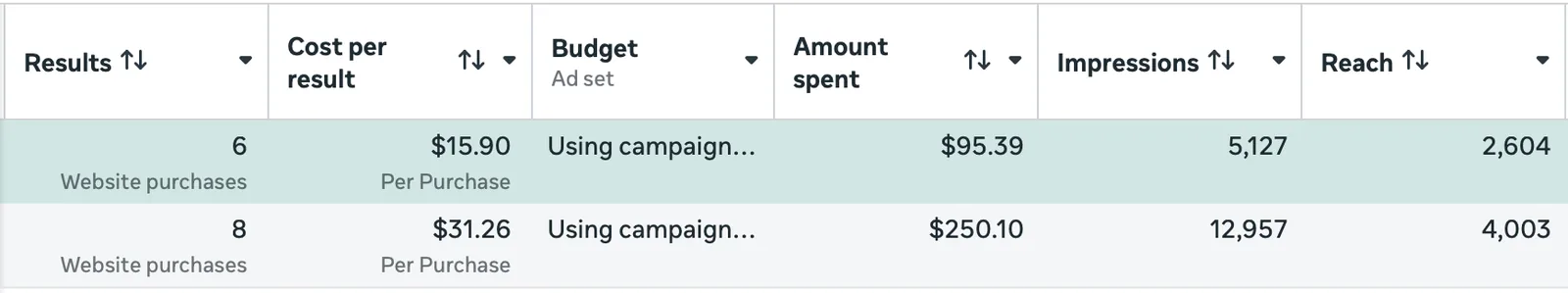 Two ad sets showing 6 and 8 website purchases, cost per purchase, amount spent, impressions and reach