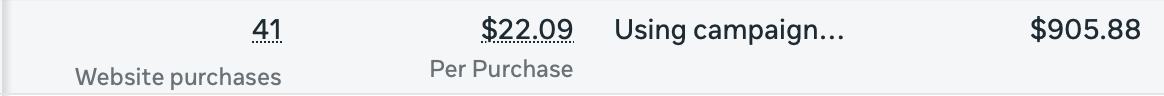 Meta Ads Manager screenshot: 41 website purchases at $22.09 per purchase, $905.88 spent